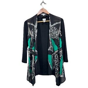 Chico's Women's Size 0 (S) Black Green Open Front 3/4 Sleeves Traveler Cardigan